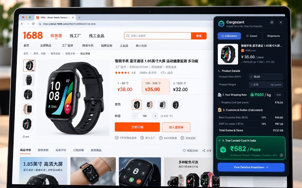 Cargozant Chrome Extension overlay on 1688 smart watch listing showing live landed cost in INR
